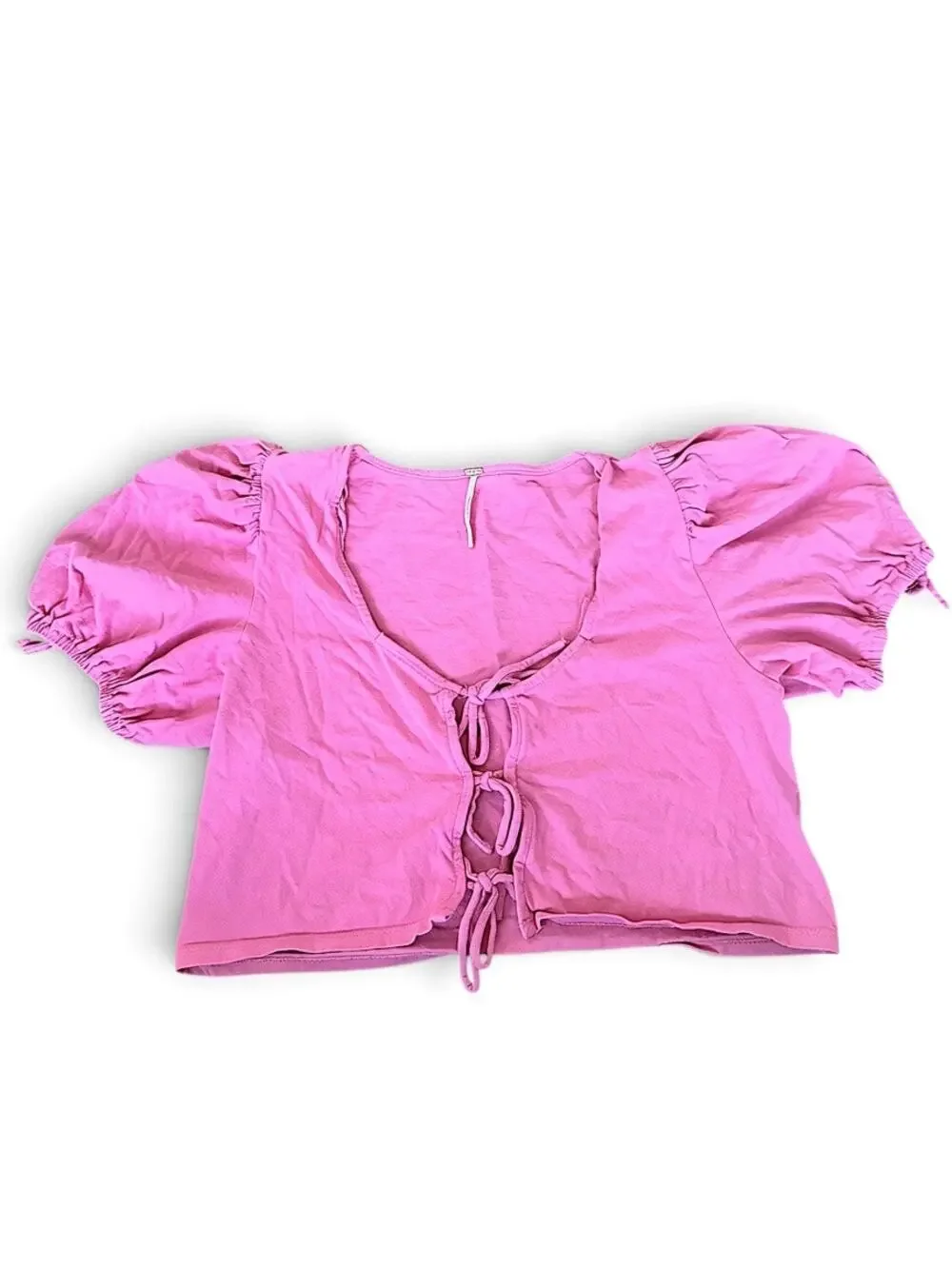 Free People Kitty Tee Velvet Rose Pink Tie Front Puff Sleeve Crop Top L